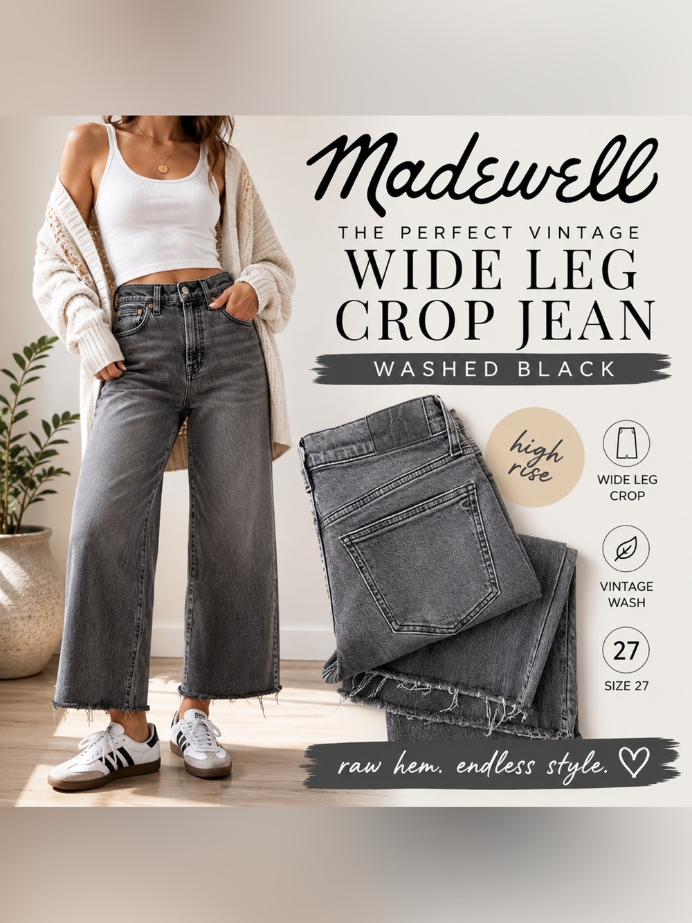 Madewell The Perfect Vintage Wide Leg Crop Jeans Gray Wash Size 27